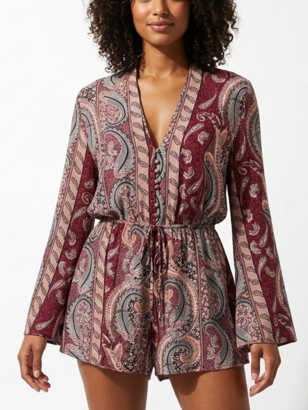 See You Monday 70s Boho Paisley Bell Sleeve Romper Keyhole Back L